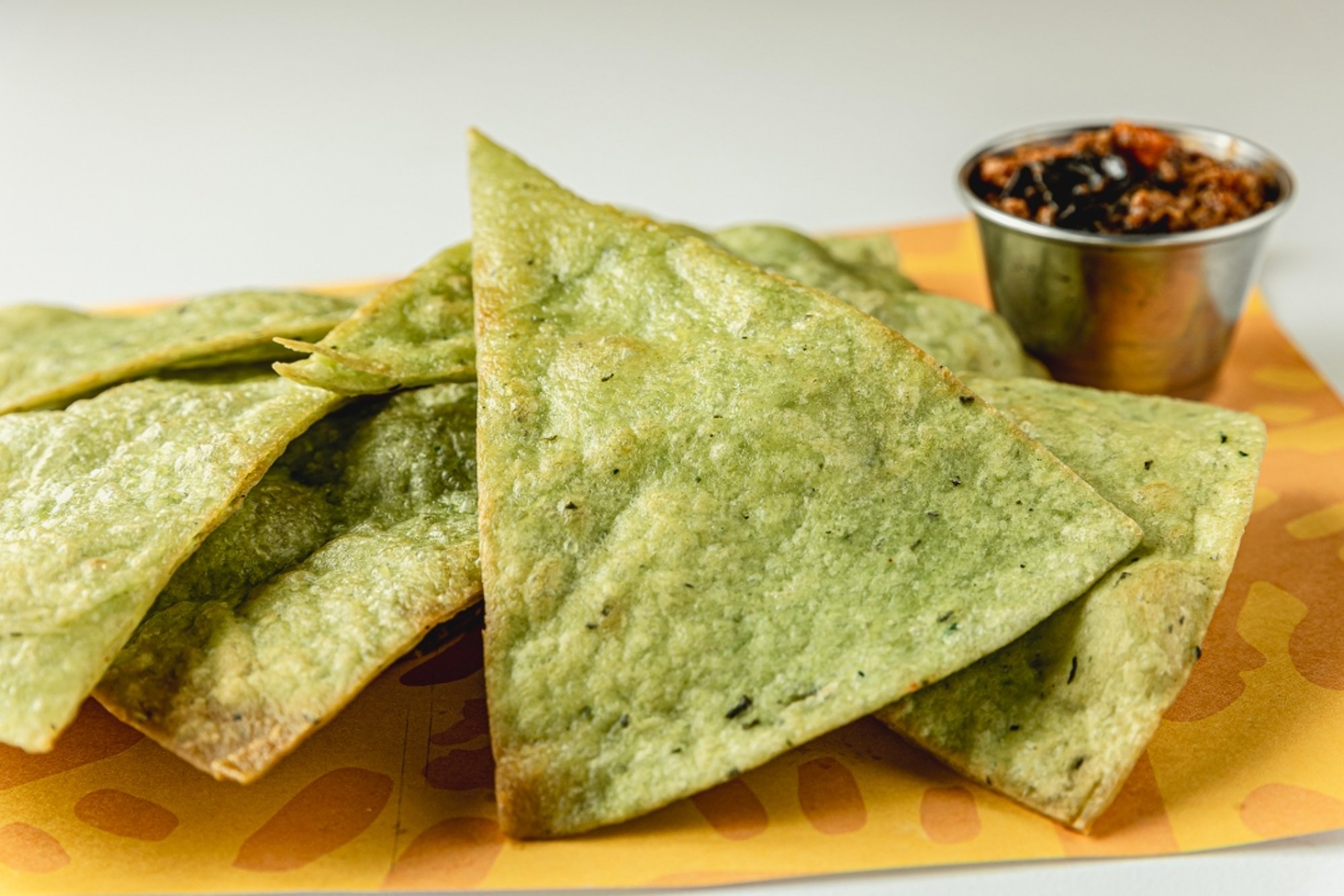 Spinach Tortilla Chips & Drunken Chili Dip