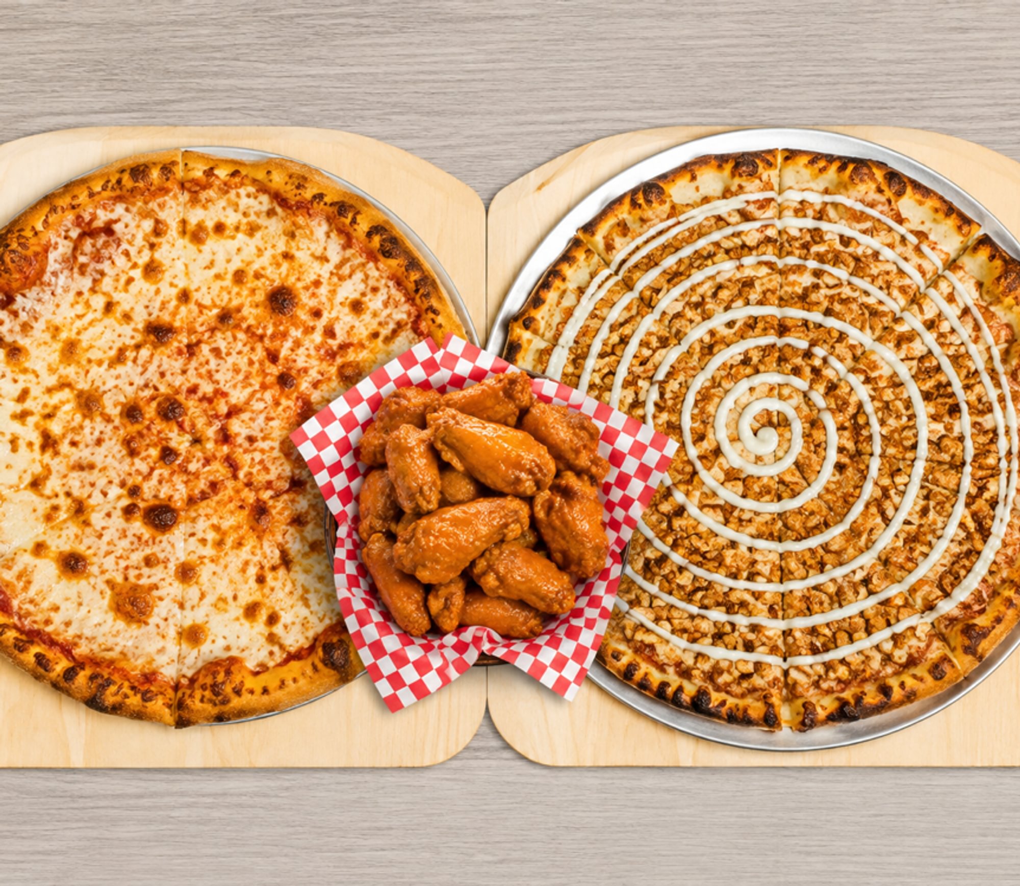 Large Cheese Pizza, Medium Apple Strudel Pizza Pie, 12 Wings