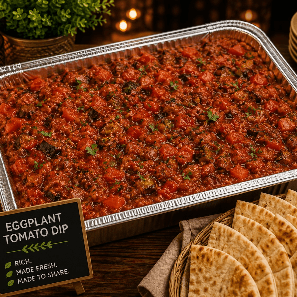 Eggplant Tomato Dip Half Tray Shallow + Bread