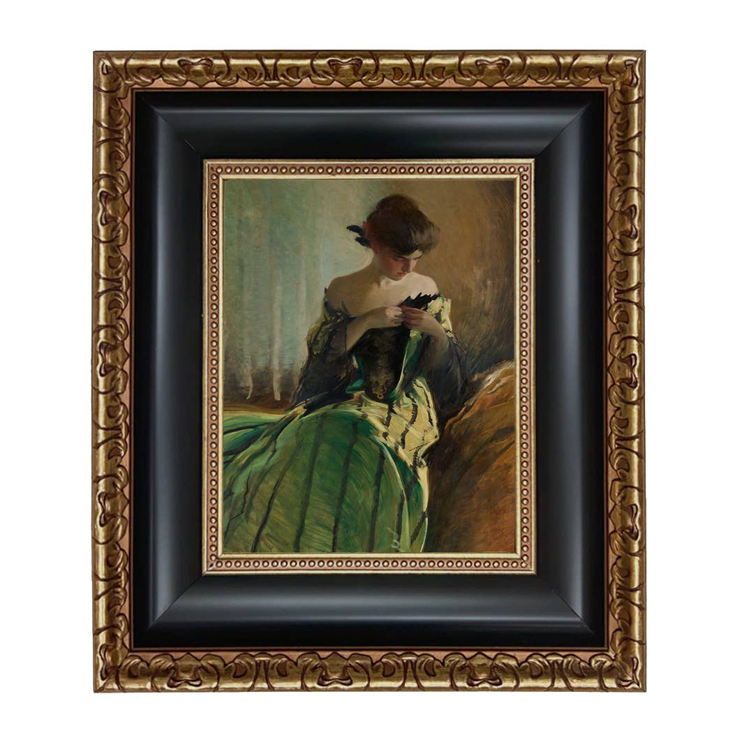 Woman in Black and Green Dress Oil Painting Print on Canvas: Antique Black & Gold / 8" x 10"