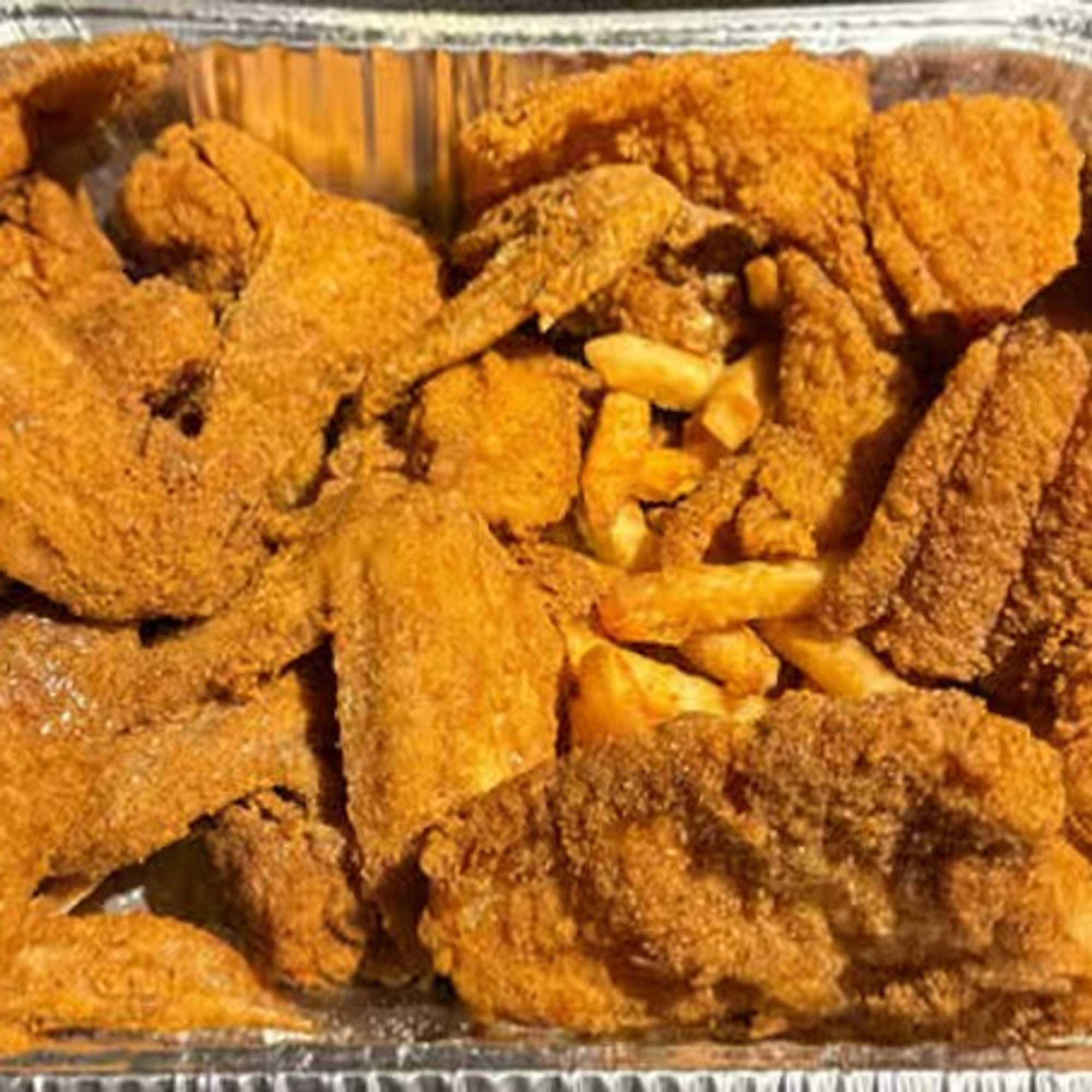 5 Pcs Fish (Whiting or Tilapia or O. Perch or White Bass or Swai), 10 Whole Wings with Fries