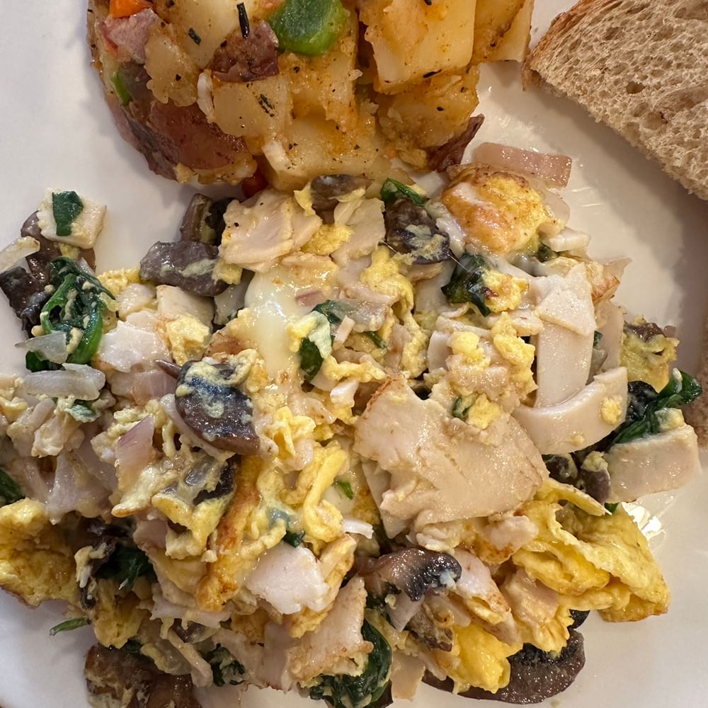 Spinch, Meat, Mushroom Scramble