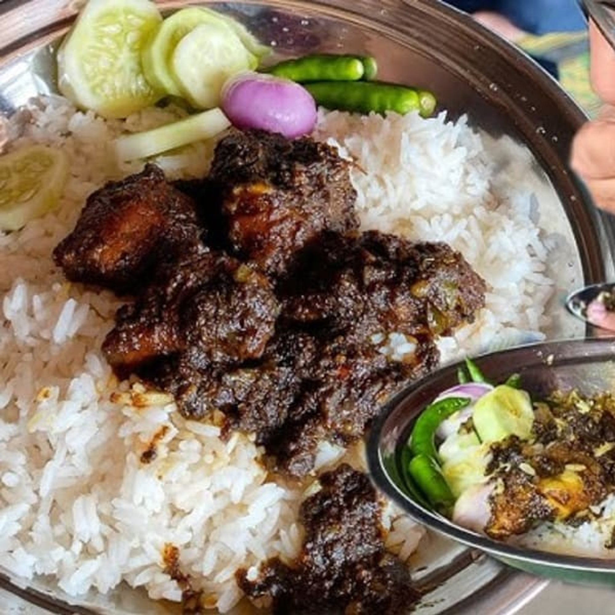 Beef Bhuna, Kala Bhuna or Goat Rejala, Any Two Bhorta, Daal or Mix Vegetable