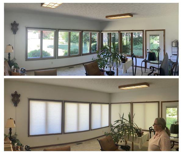 Cellular Shades are perfect in a sunny sunroom! You can see what we mean here in Plainfield. There's still enough sunlight to keep the plants green, but the brightest light is filtered out!