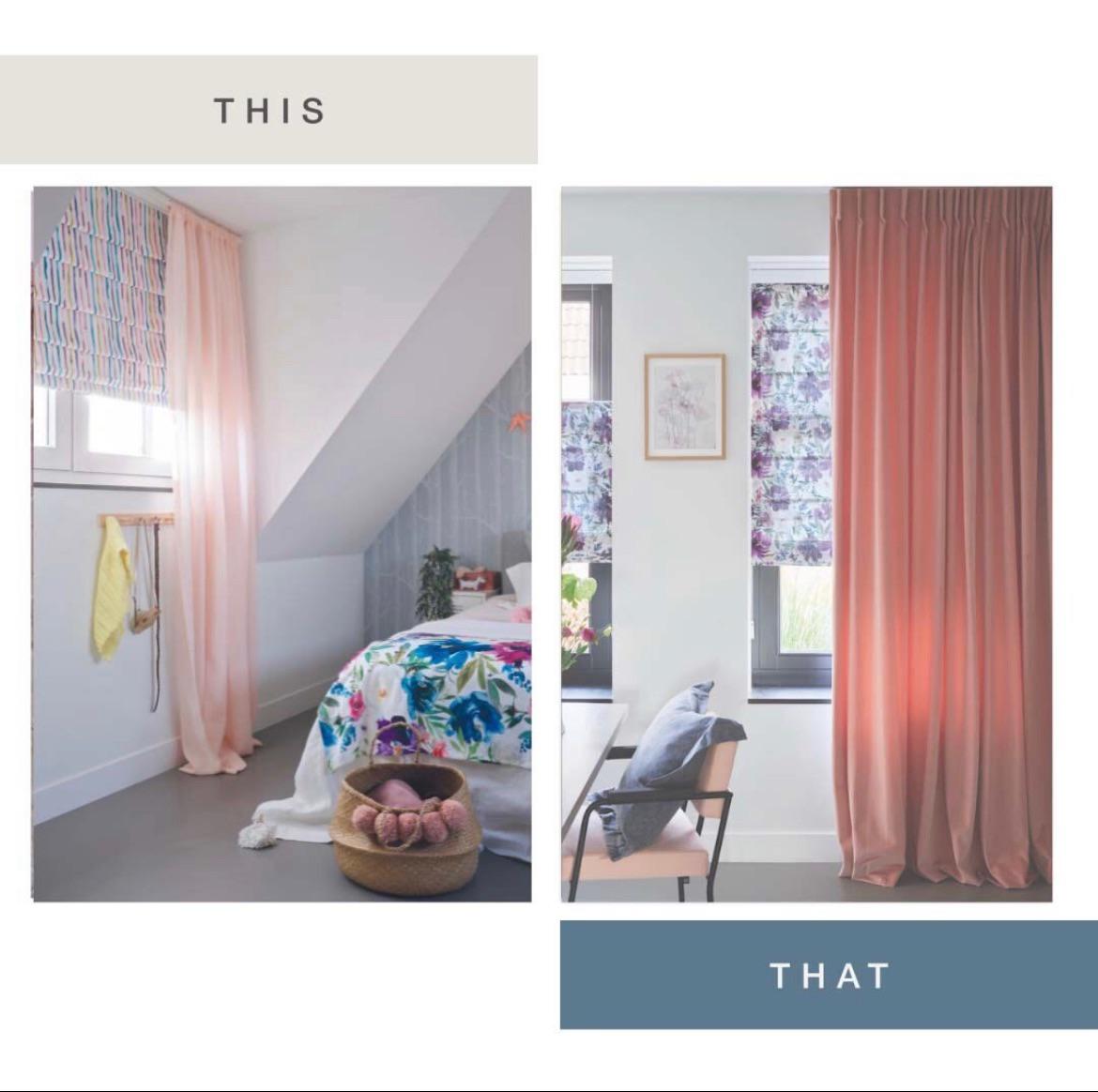 Which layered look do you prefer? The playful pink sheer drapery with multi-colored Roman shades (left) or solid drapes combined with floral-patterned Roman shades (right)?