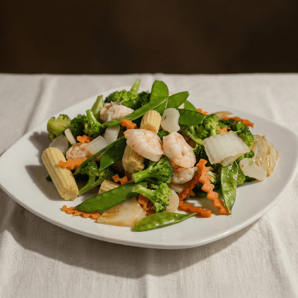 Steamed Fresh Jumbo Shrimp with Mixed Vegetables