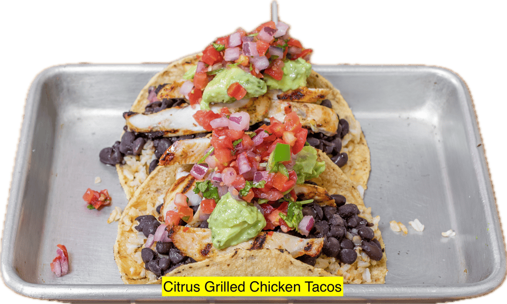 Pollo Asado Tacos, Mexican Brown Rice, Black Beans, Avocado Hummus, Pico de Gallo