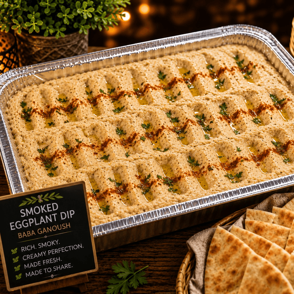 Smoked Eggplant Dip Half Tray Shallow + Bread