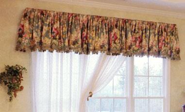 Traditional Gathered Valance with sheer curtain under treatment
