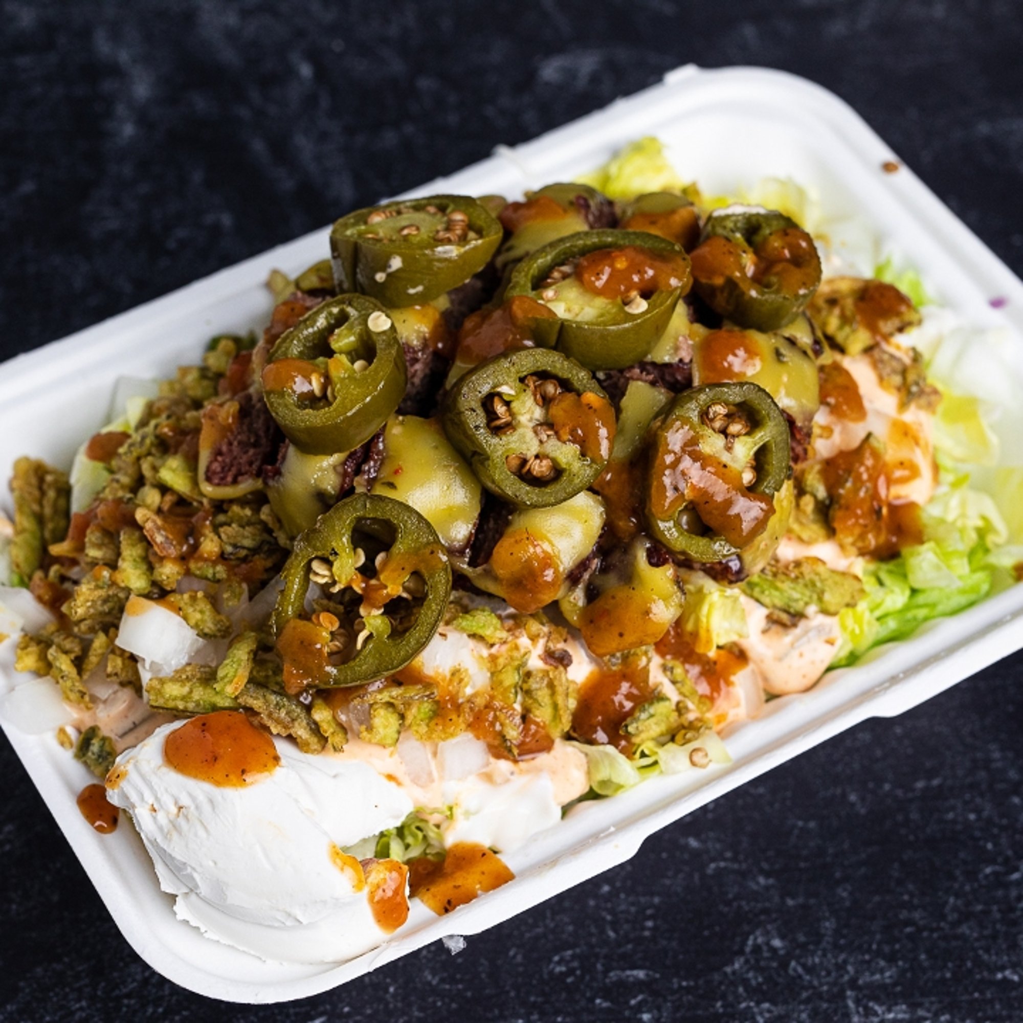 Firehouse Burger SALAD. "TEMPORARILY OUT OF CRISPY JALAPEÑOS"