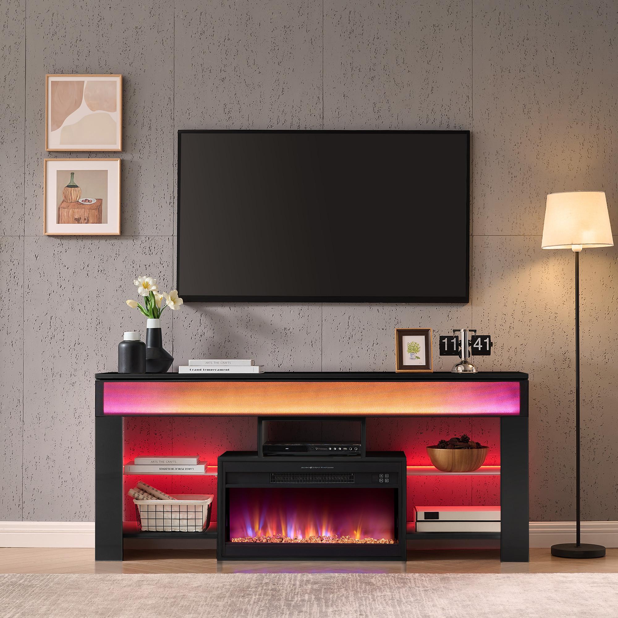 Neo Fireplace TV Console w/62" Sound Bar - Black