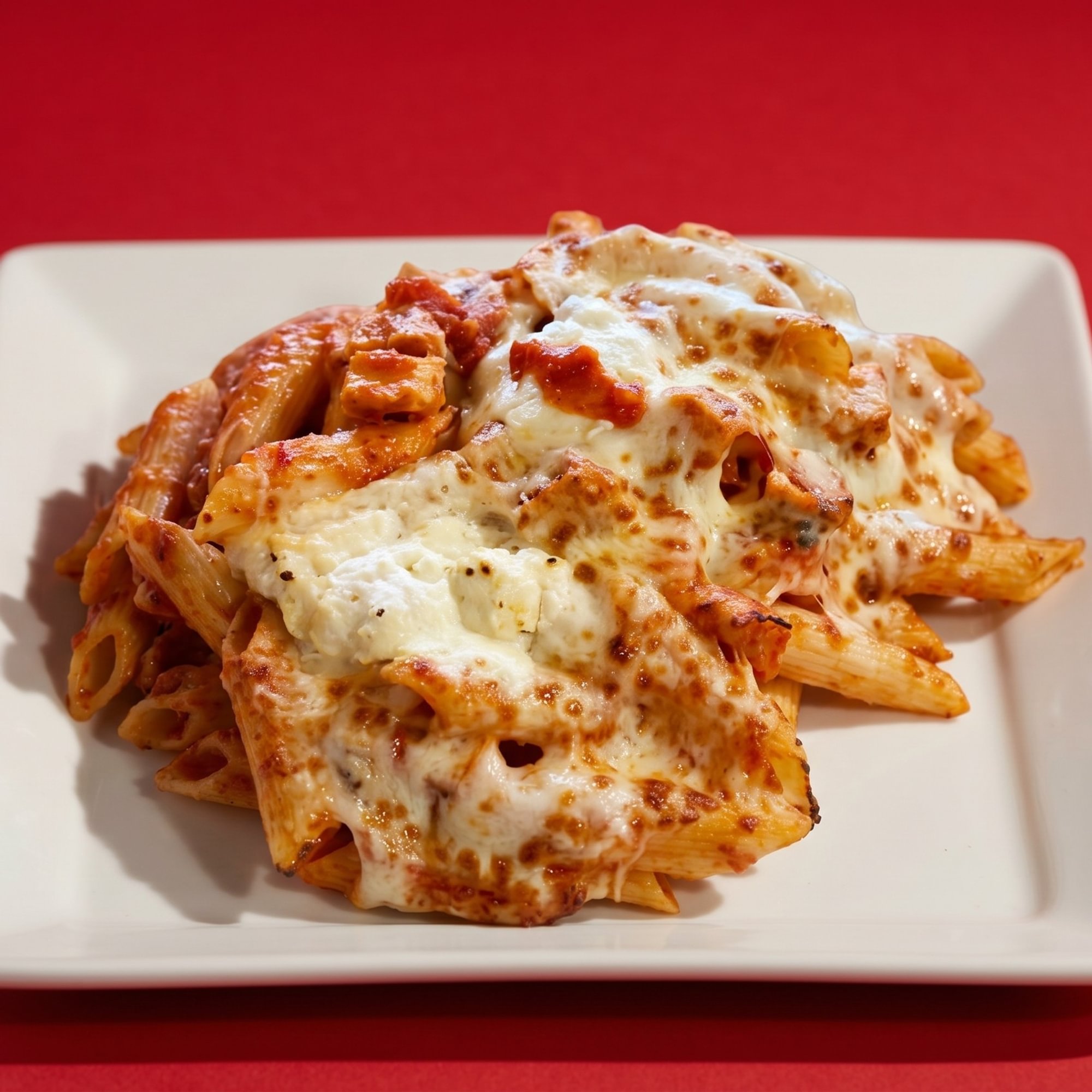 Baked Penne Parmigiana with Homemade Tomato Sauce, Smothered in Ricotta & Mozzarella Cheese