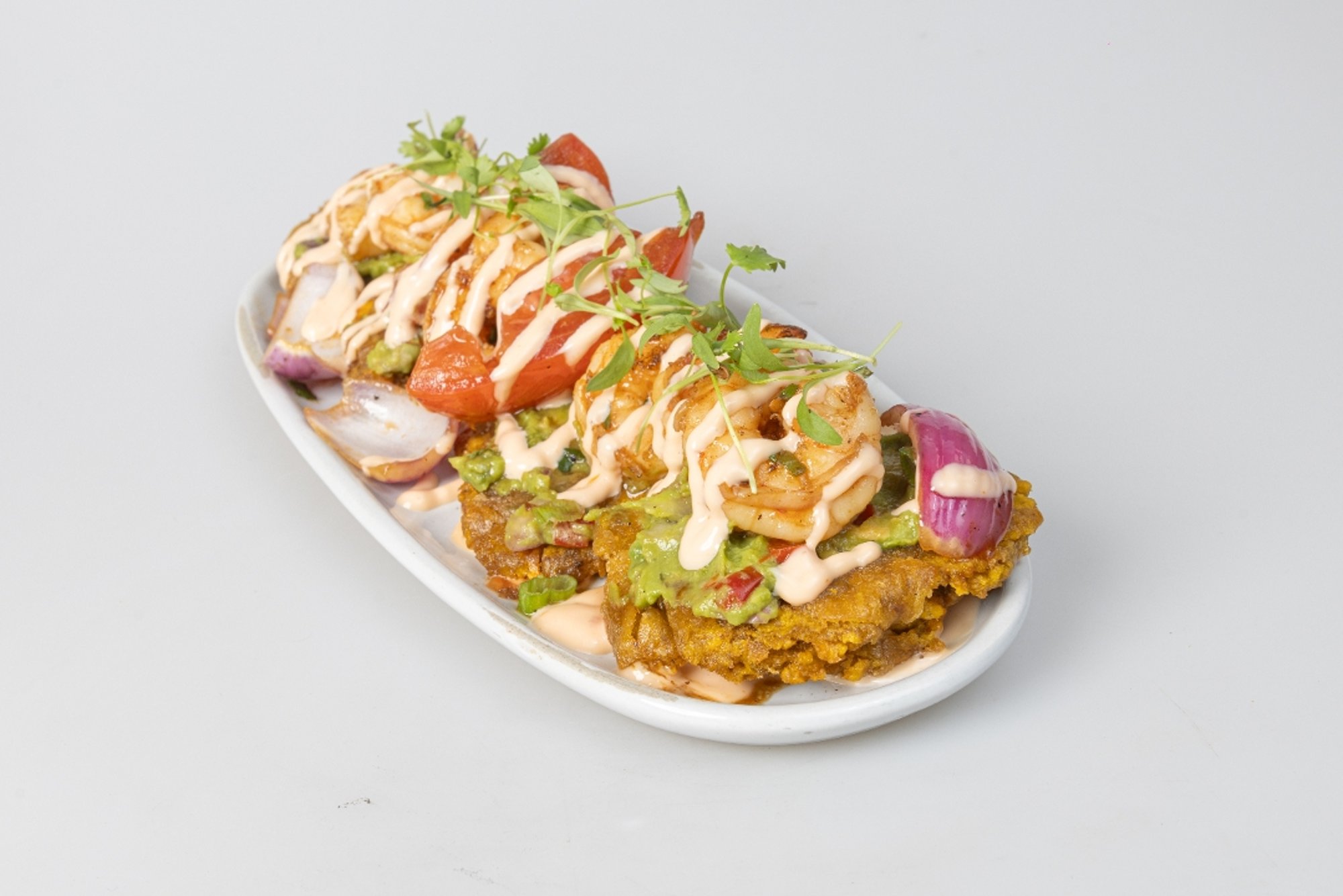 Shrimp and Guasacaca Tostones