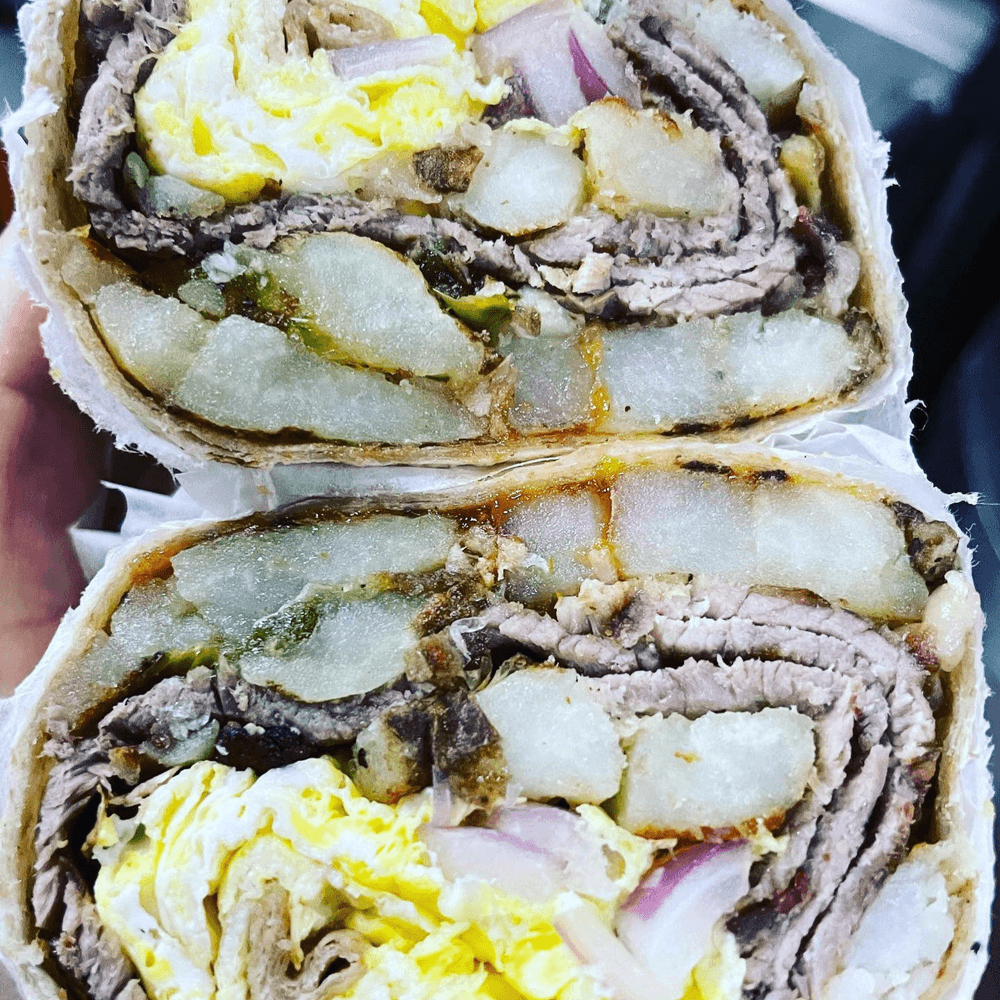 Eggs, Steak, Onions and Potato Wrap