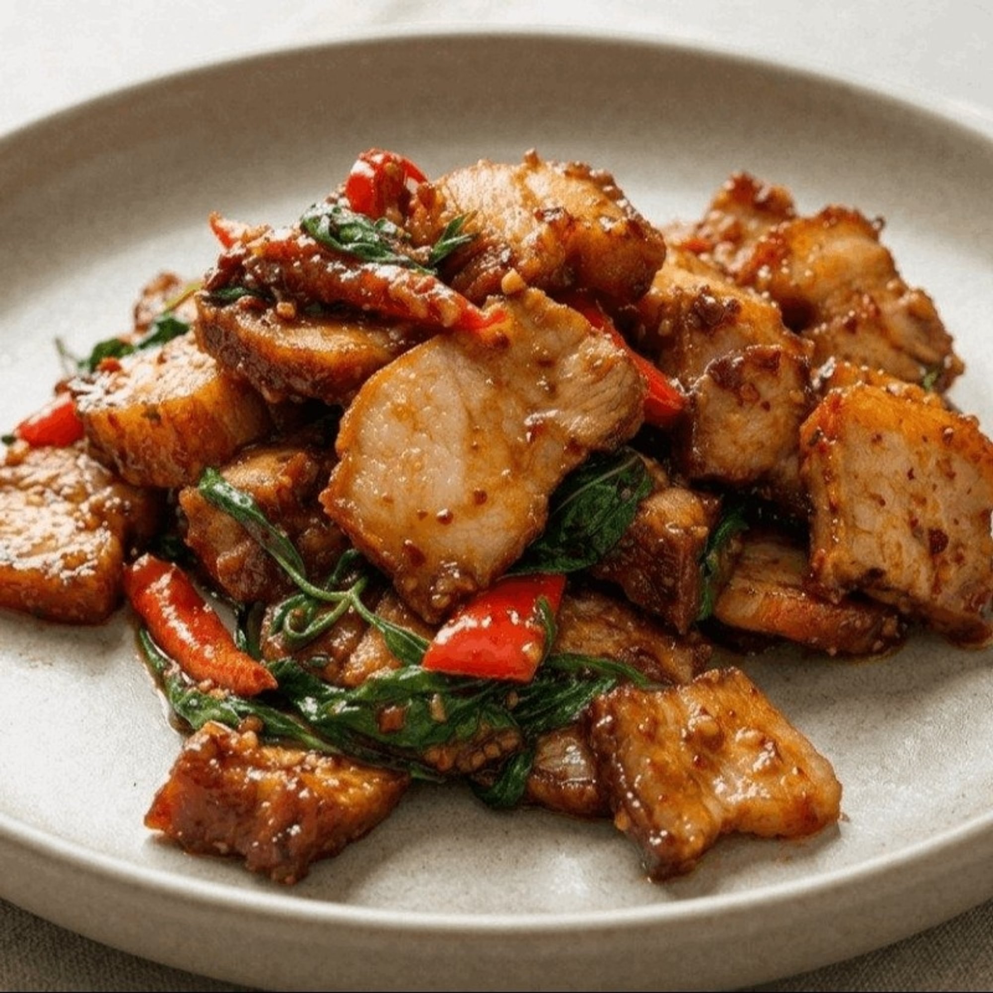 Crispy Pork Belly with Basil Sauce