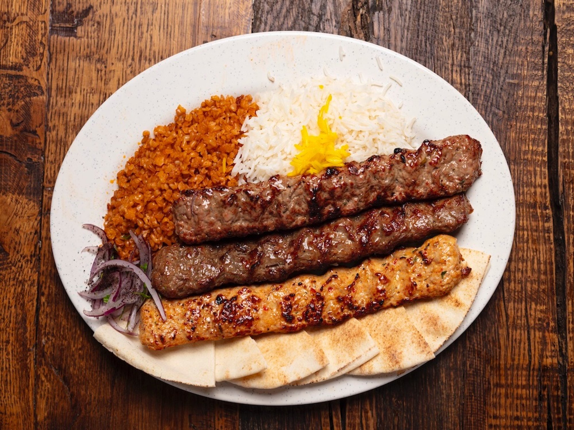 #17) Combo Koobideh (Beef Koobideh, Lamb Koobideh, Chicken Koobideh Plate)