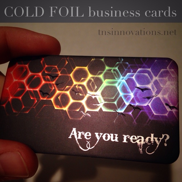 Cold Foil business cards. Beautiful metallic effects! 28 pt thick! Silk laminated with Raised Spot UV.