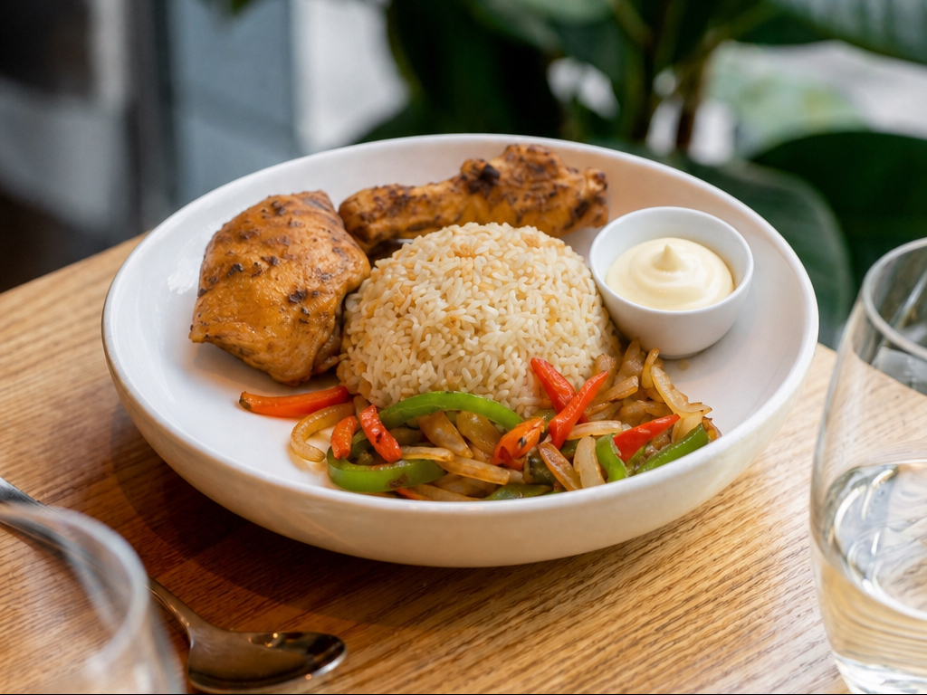 One Chicken 1/4Leg & Thigh (With Fries Or Rice & Sauteed Onion, Tomato, Pepper) & Choice Of Sauce...