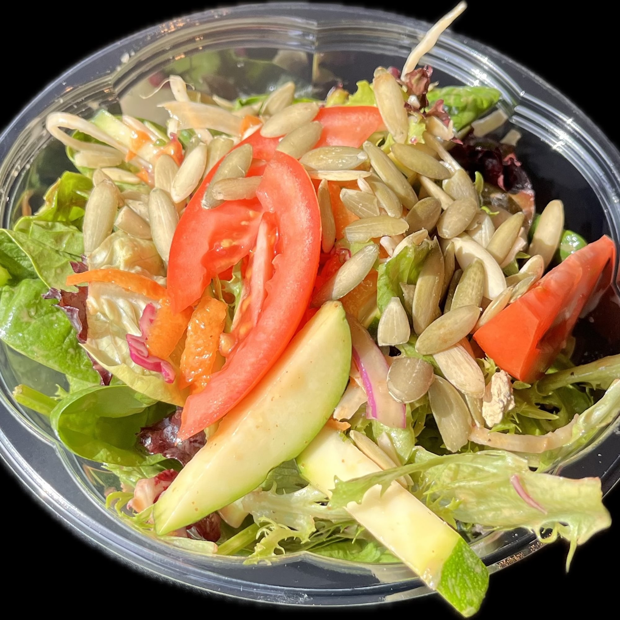 Greens and Cabbage, Mixed Greens, Cabbage, Garbanzos, Carrots, Zucchini, Tomatoes, Pomegranate Dr...
