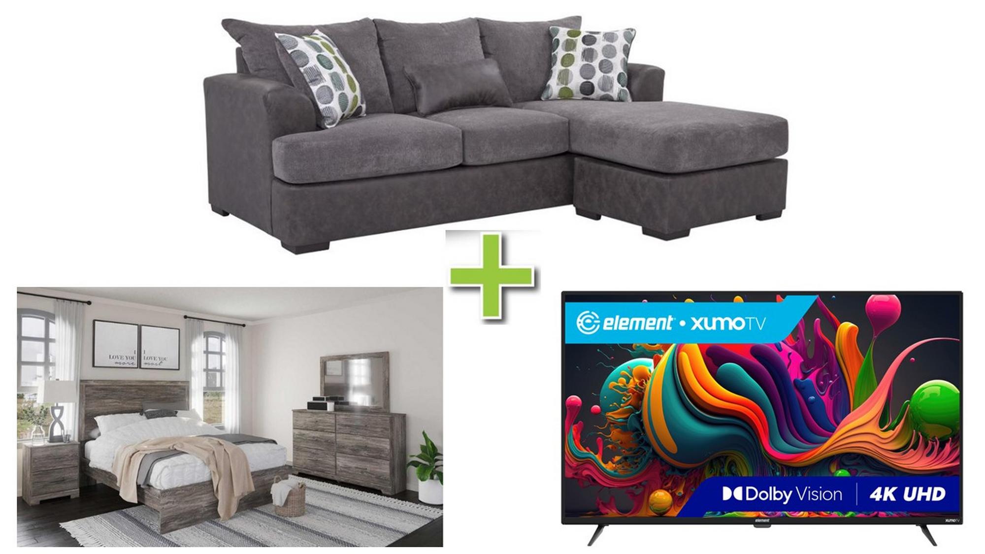 Envy Chaise w/Queen Ralinski Bed w/Dresser, Mirror, Nightstand + 50" TV