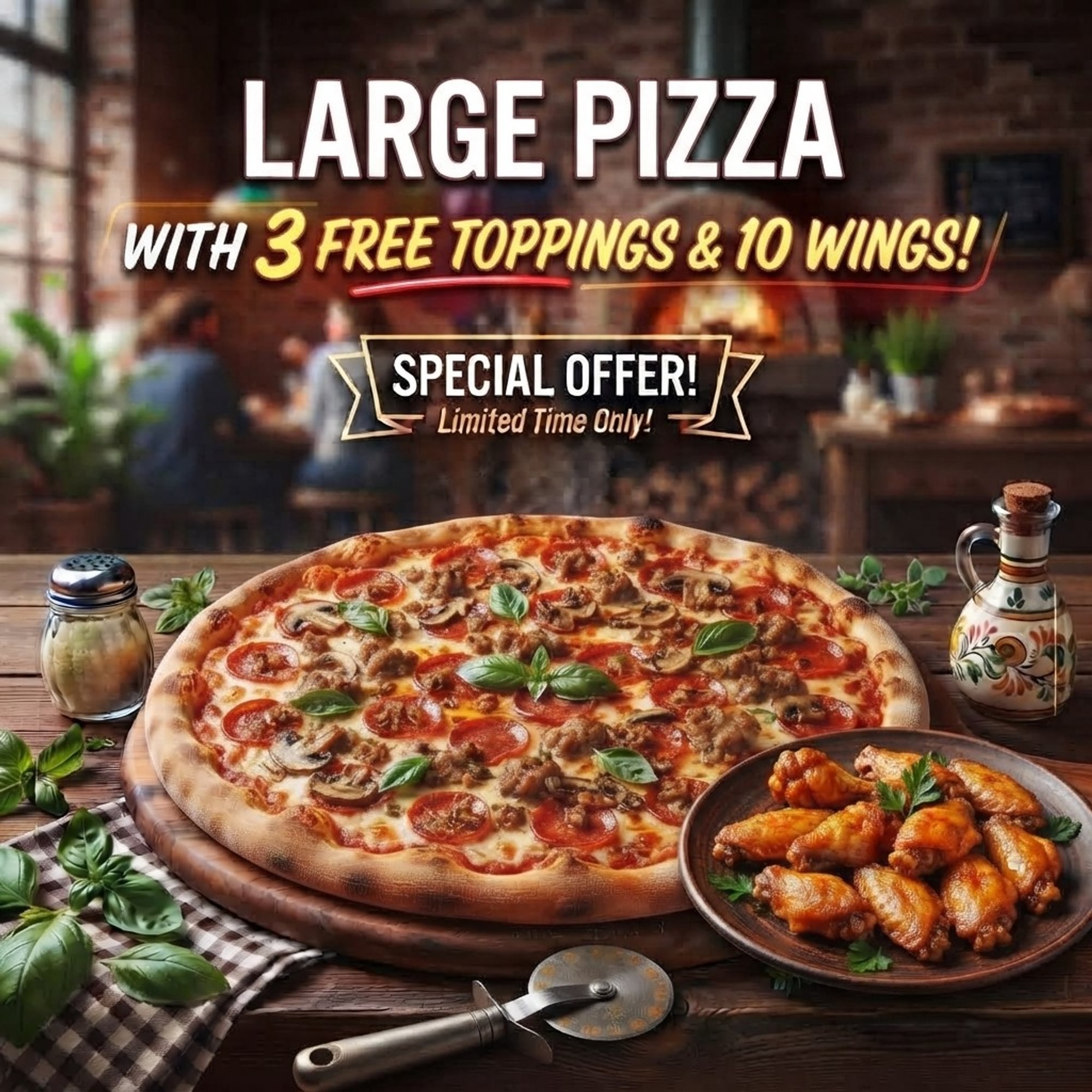 Large 3 Topping Pizza & 10 Wings
