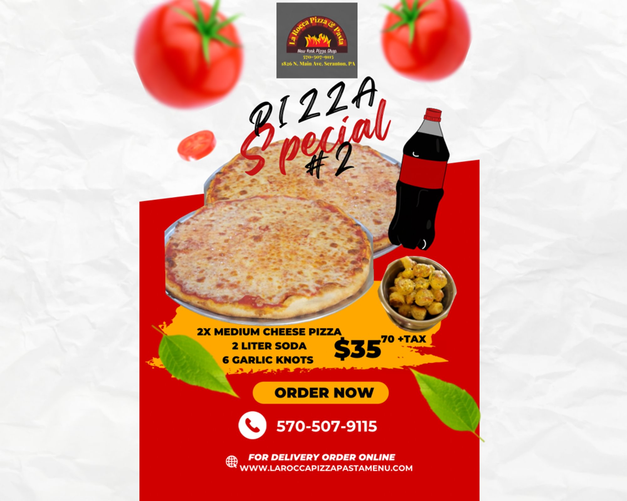 Pizza Special#2. 2Medium Cheese Pizzas, Order of Garlic Knots & 2-Liter Soda