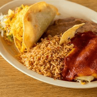 Taco, Enchilada, Beef & Cheese Tostada & Rice