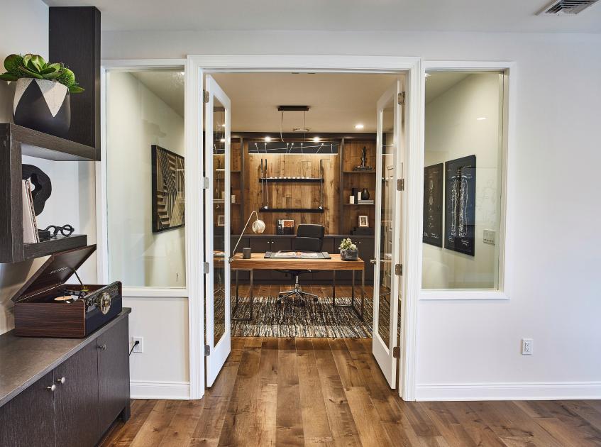 The built-in shelves in the office highlight the craftsmanship of this home