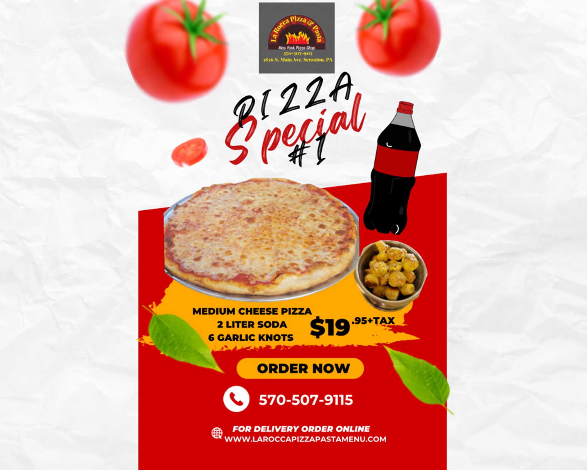 Pizza Special #1. Medium Cheese Pizza, Order of Garlic Knots & Soda