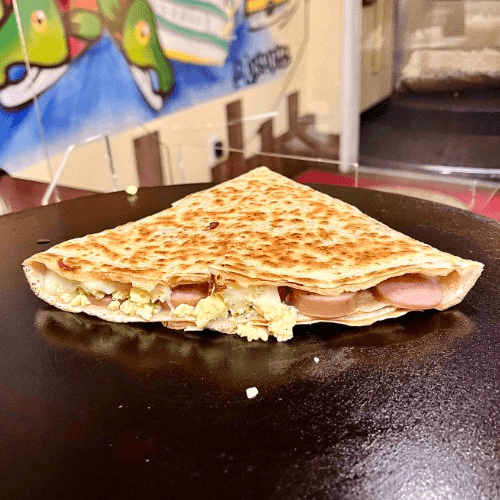 Cheese, Eggs and Bratwurst Crepe