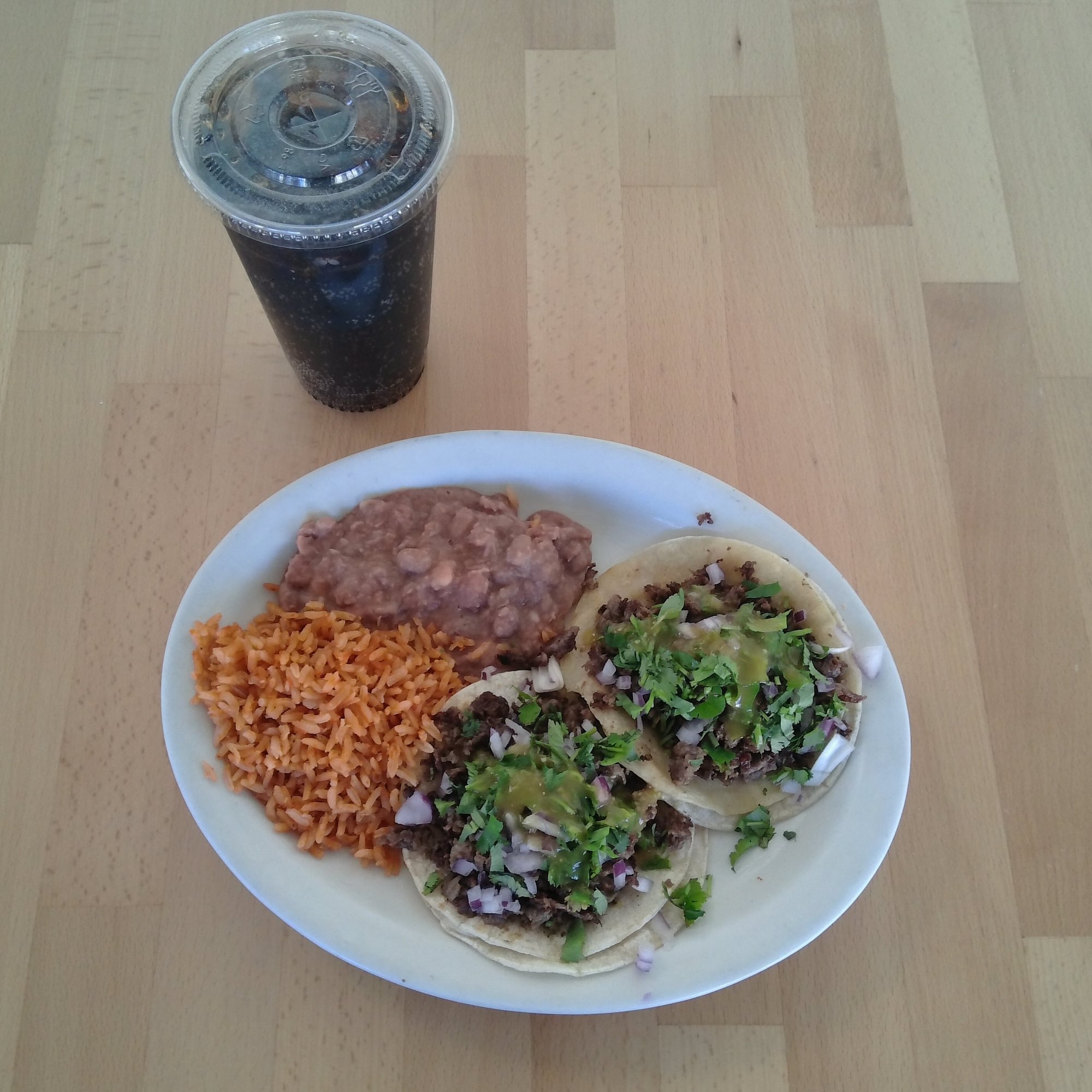Taco Plate Special 2 Tacos, Rice, Beans & Drink