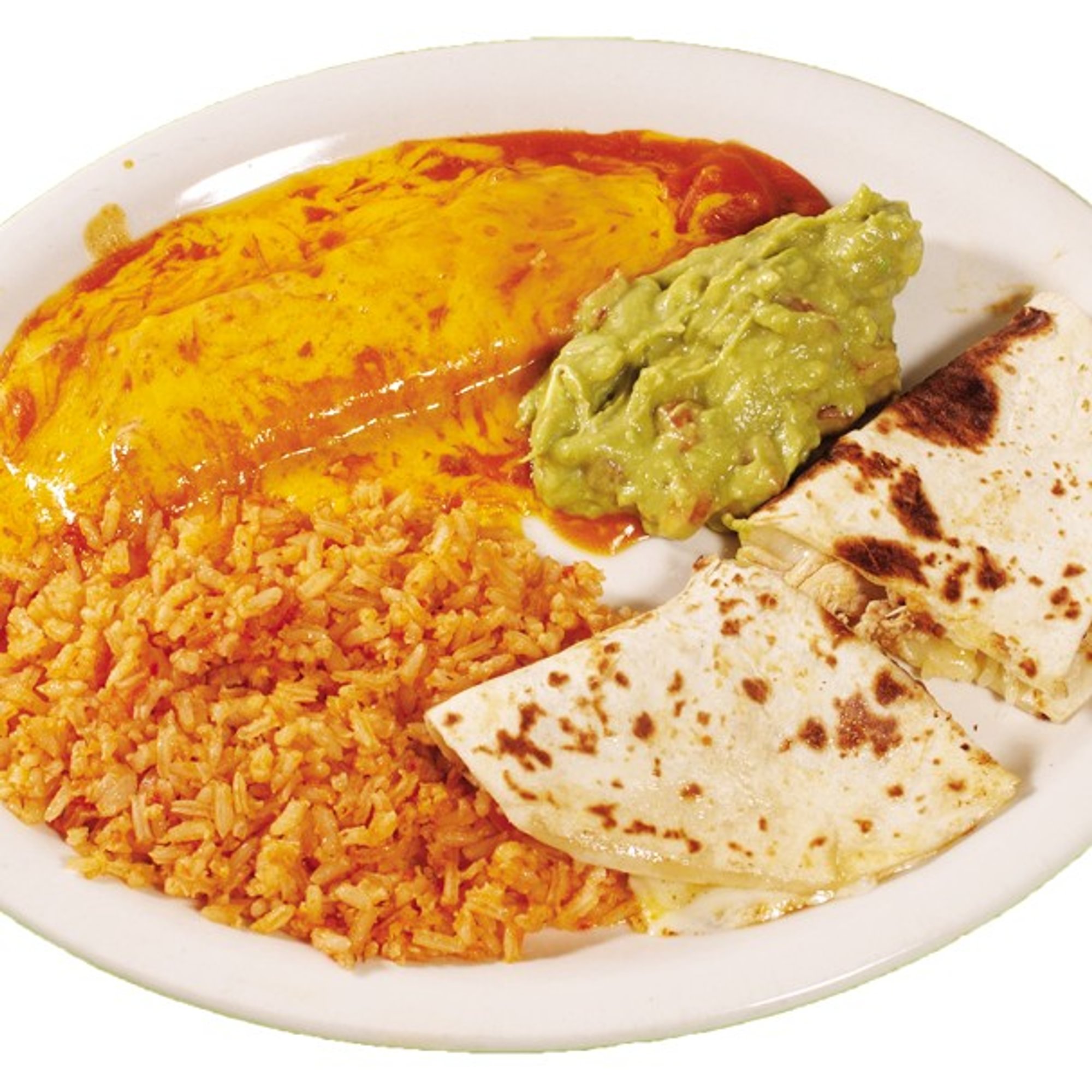 38. 1 Chicken Quesadilla, 1 Enchilada, Spanish Rice and Guacamole