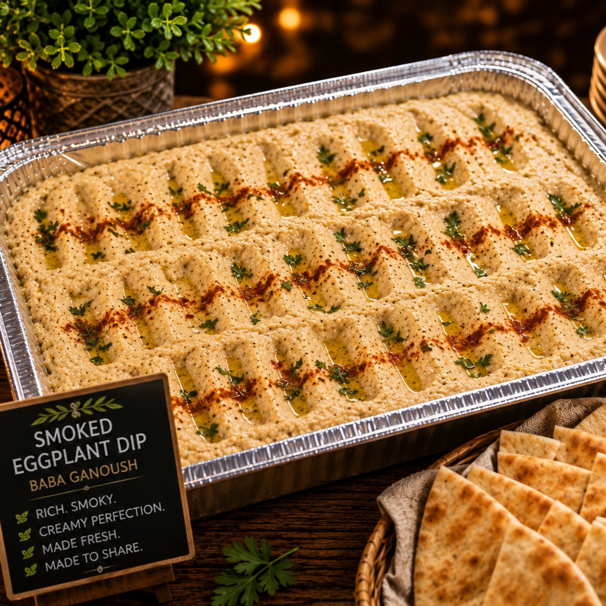 Smoked Eggplant Dip Half Tray Shallow + Bread