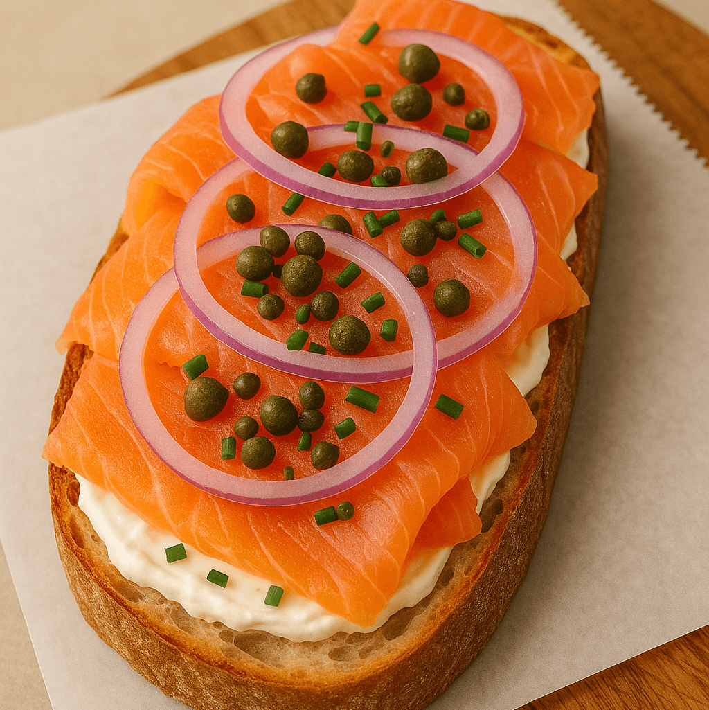 SALMON TOAST (Smoked Salmon Cream Cheese Capers Red Onion Olive Oil Lime)