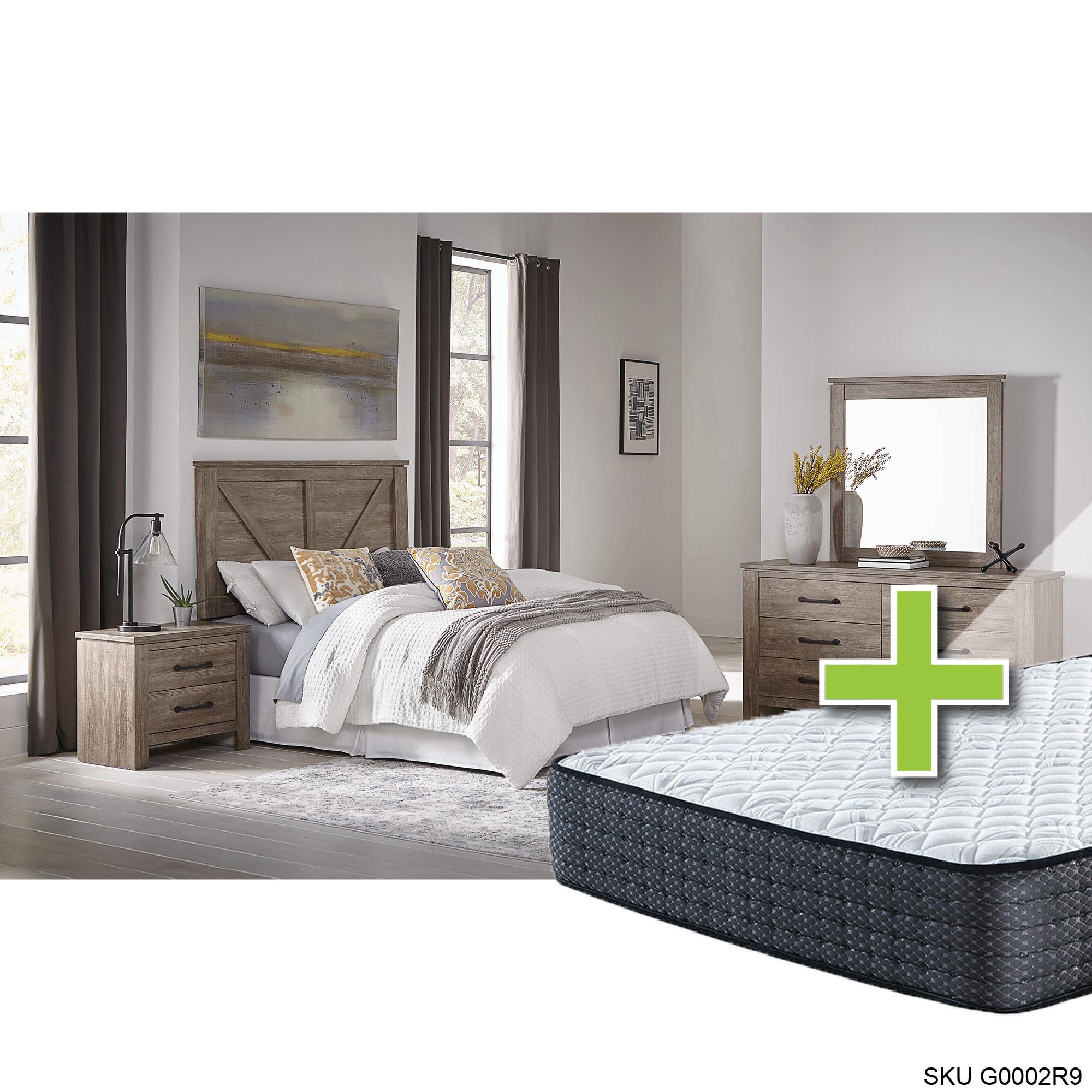 Queen Adorna Bed w/12" Upland Premium Tight Top Firm Memory Foam Mattress & Dresser, Mirror, Nightst