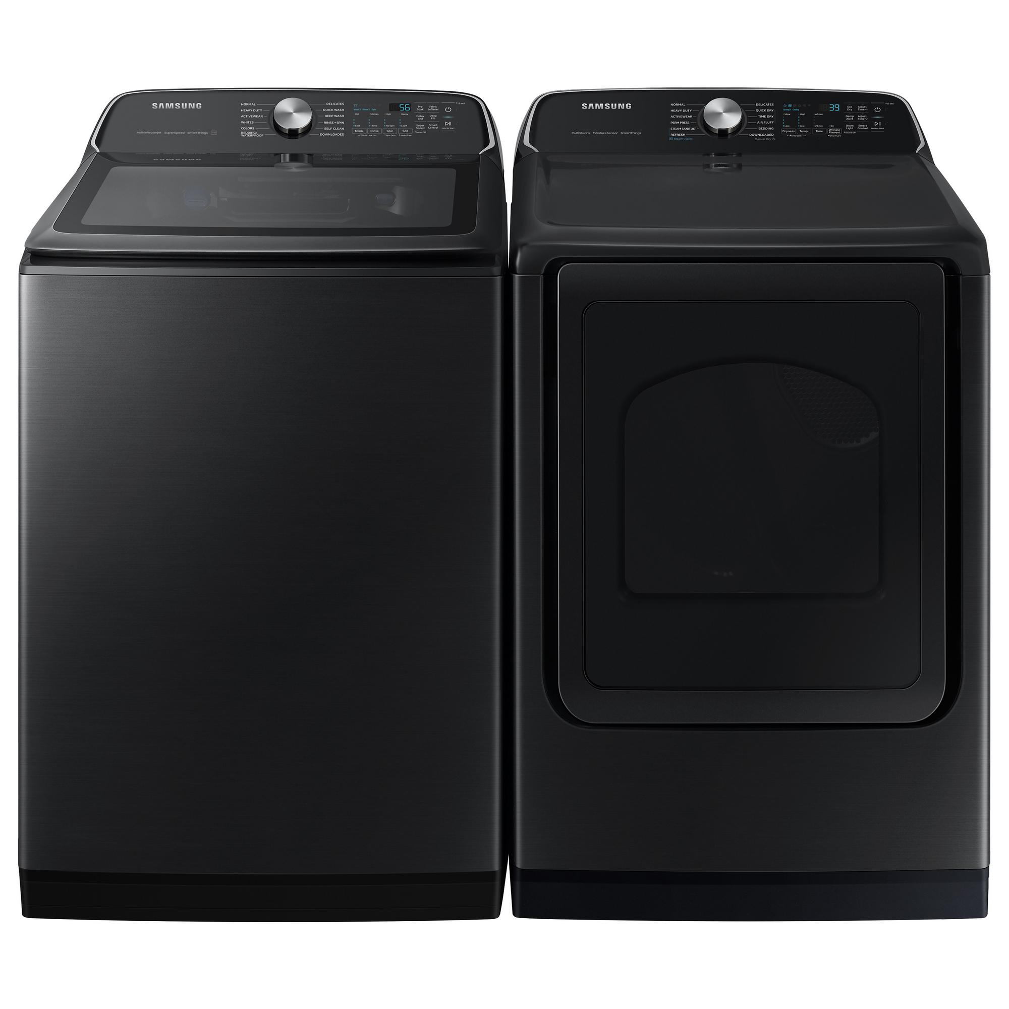 5.5 cu. ft. Samsung Top Load Washer & 7.4 cu. ft. Electric Steam Dryer Set - Brushed Black