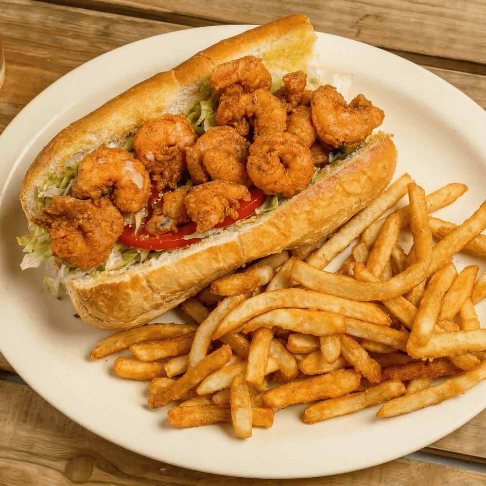 Shrimp Po-Boy and French Fries
