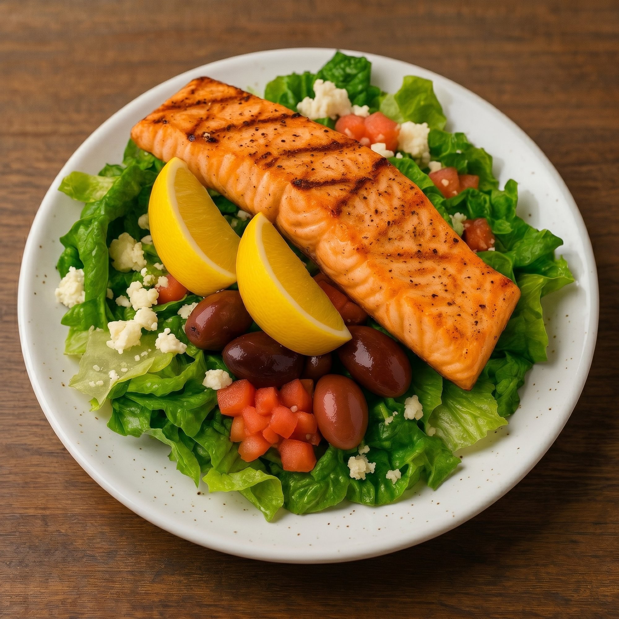 Grilled or Cajun Salmon Over Greek, Caesar or Leaf