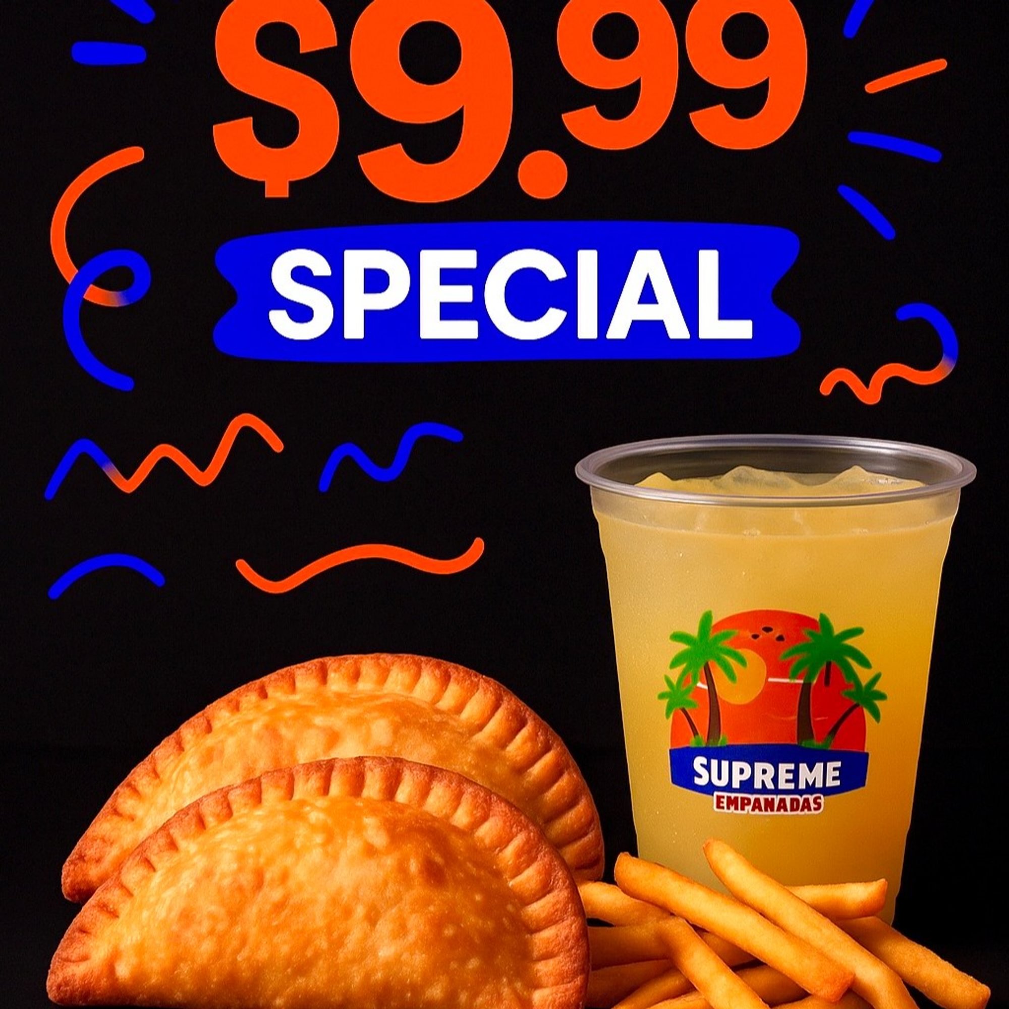 2 Empanadas Beef, Chicken or Cheese Pizza, Fries and a Lemonade