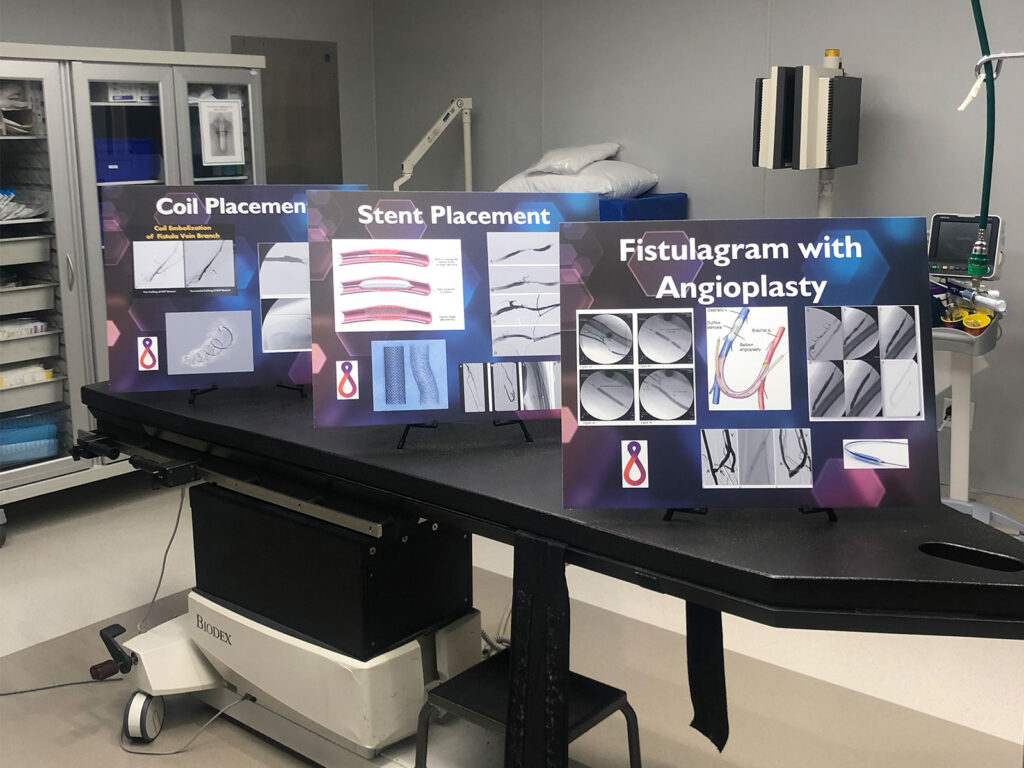 Illustration boards of Coil Placement, Stent Placement, Fistulagram with Angioplasty