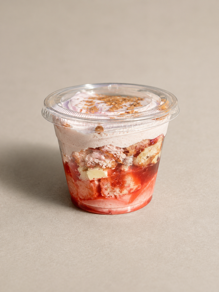 Strawberry Almond Cake Cup with Black Currant Whipped Cream