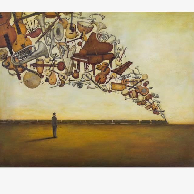 'The Conductor's Train of Though' by Duy Huynh. Acrylic on wood, 24 x 30 x 2.5