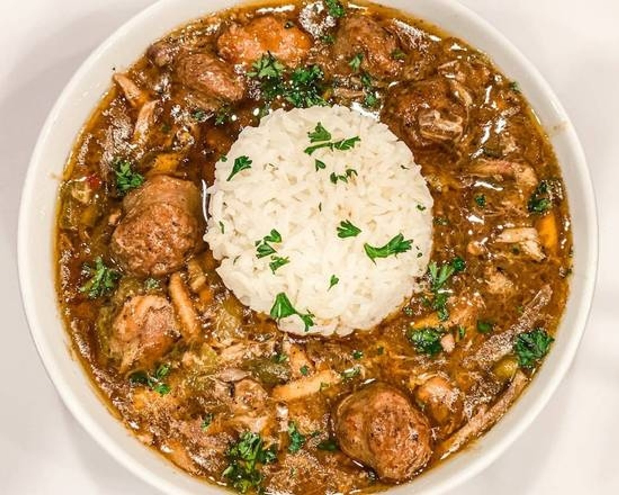 Chicken, Sausage Gumbo and Grits