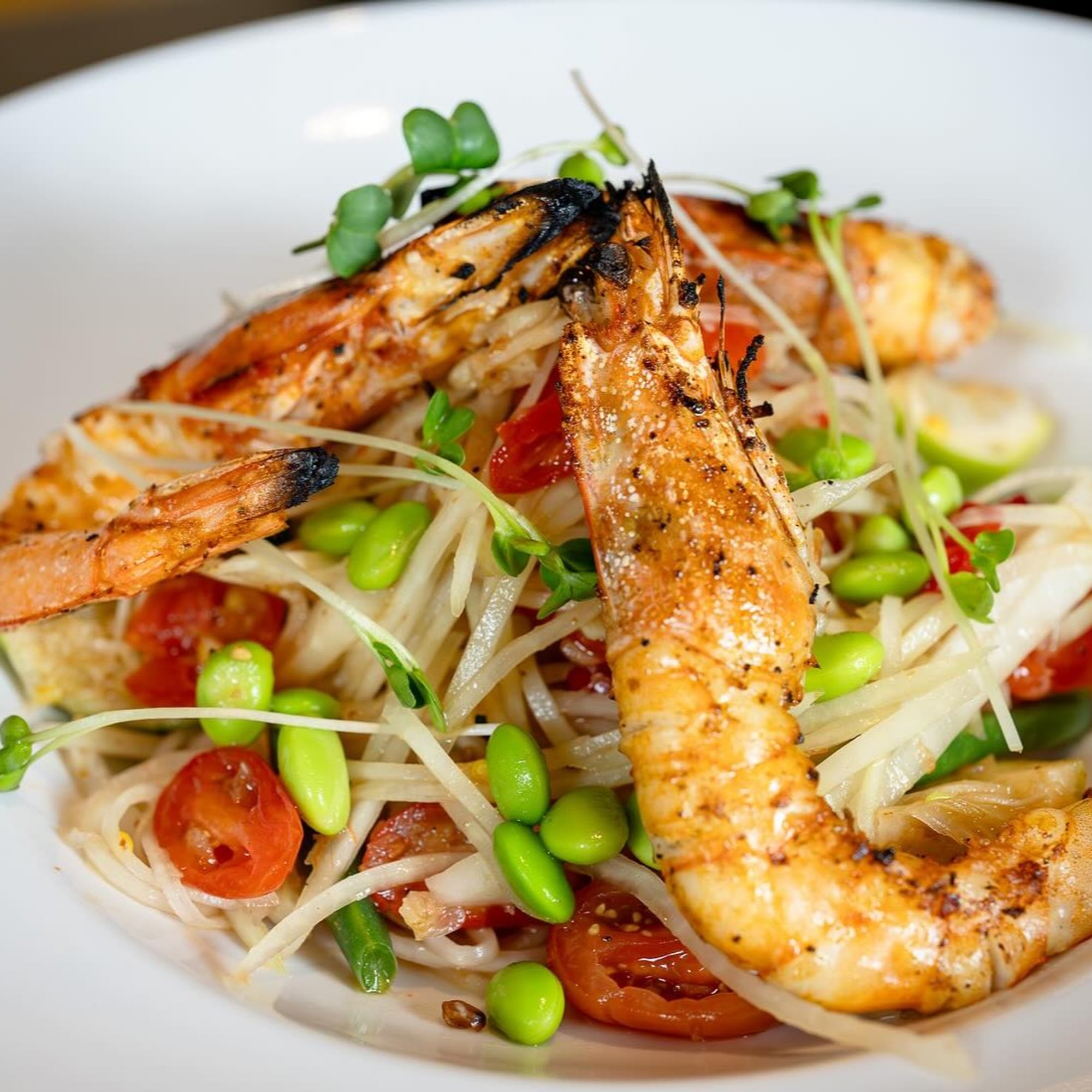 Spicy Green Papaya Salad w/ Grilled Prawns (GF)
