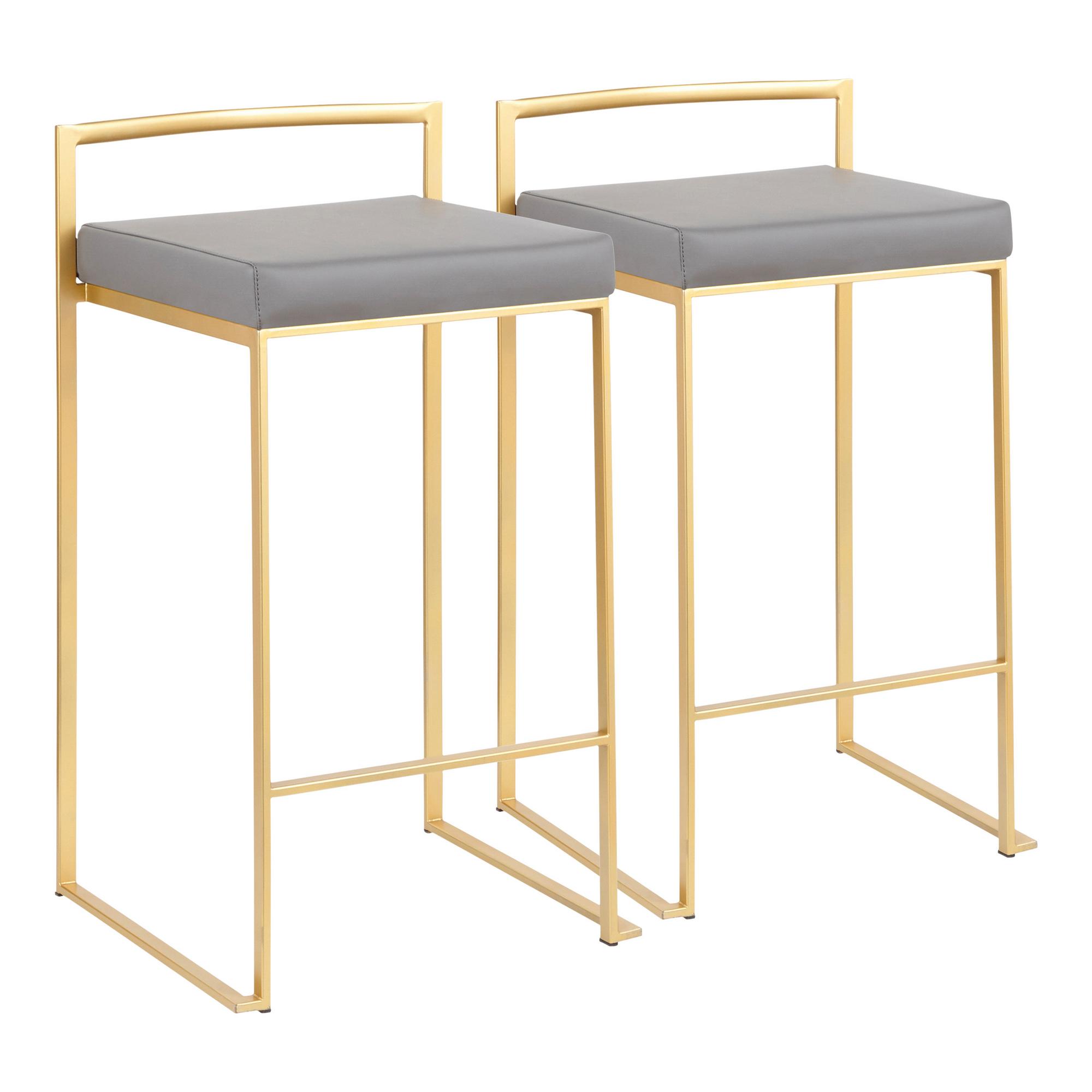 Set of 2 Fuji Counter Stools - Gold w/ Grey Faux Leather Cushion