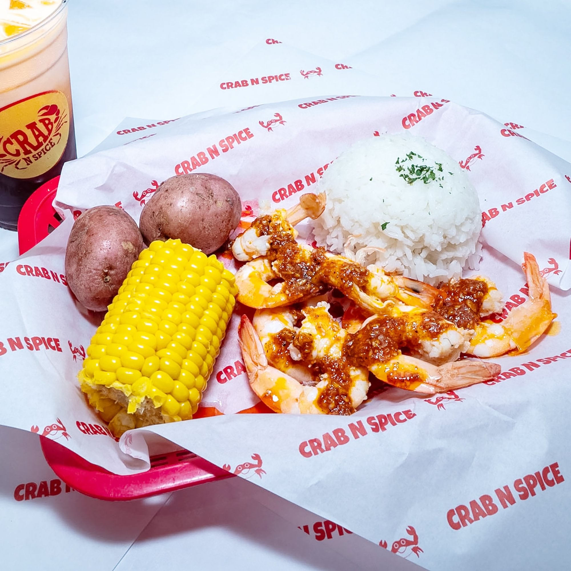1/2 Whole shrimp With Corn, rice, potato And Drink