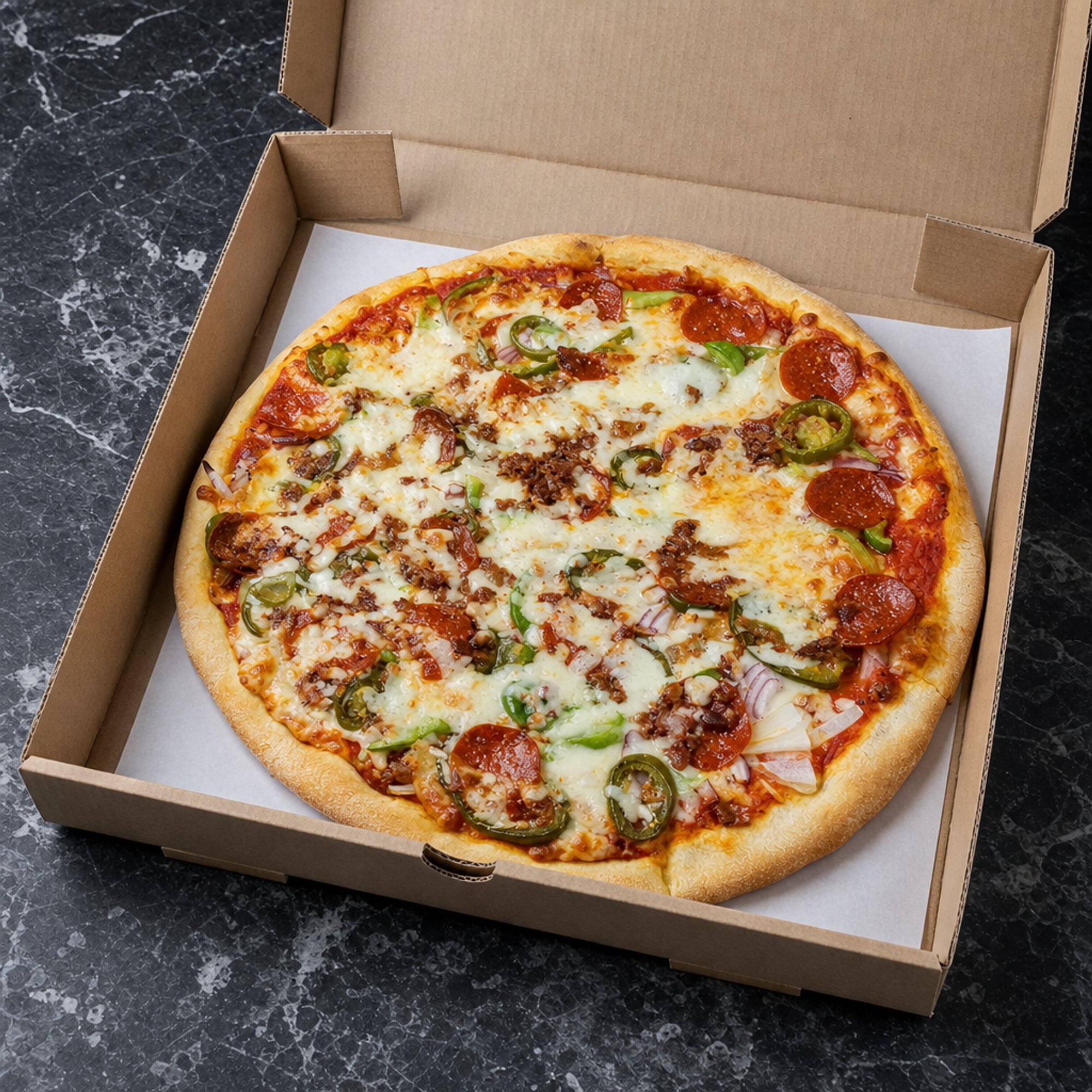 Pepperoni, Bacon, Onion & Pepper Pizza