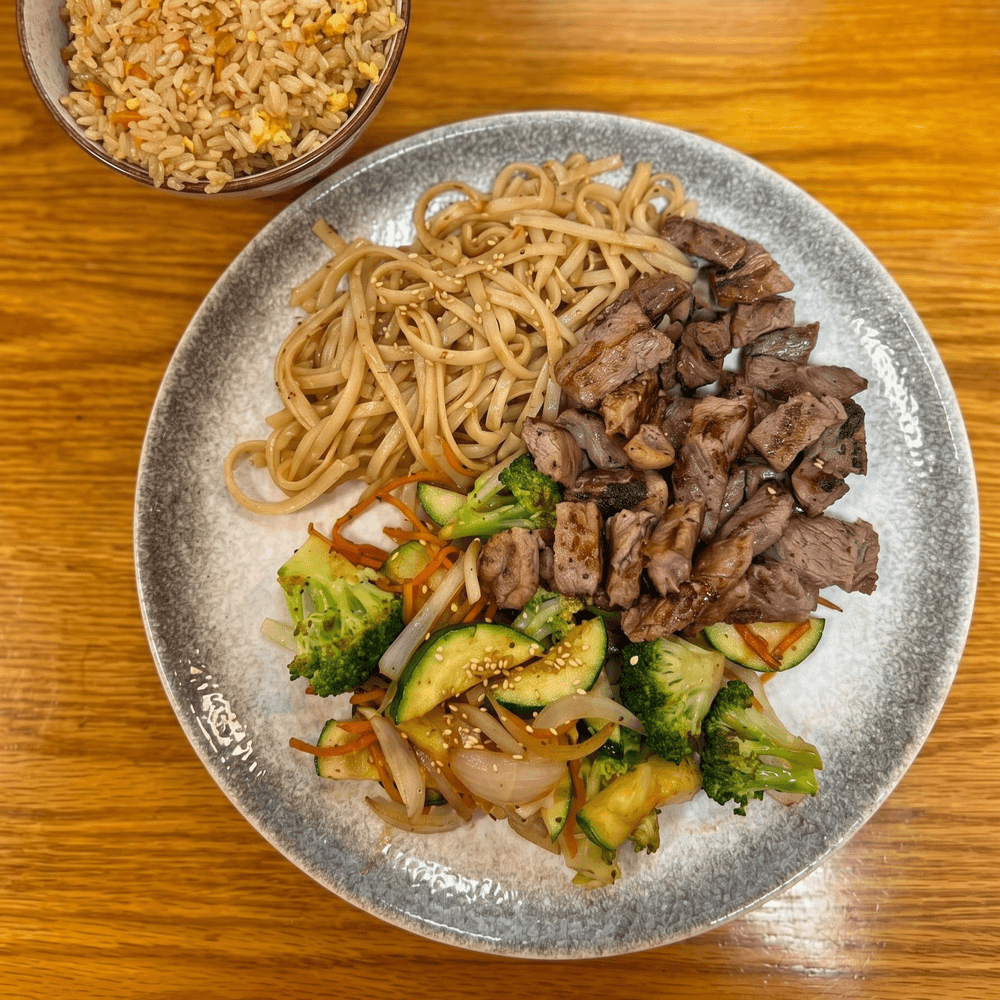 Hibachi Steak with Vegetable Fried Rice and Udon Noodles