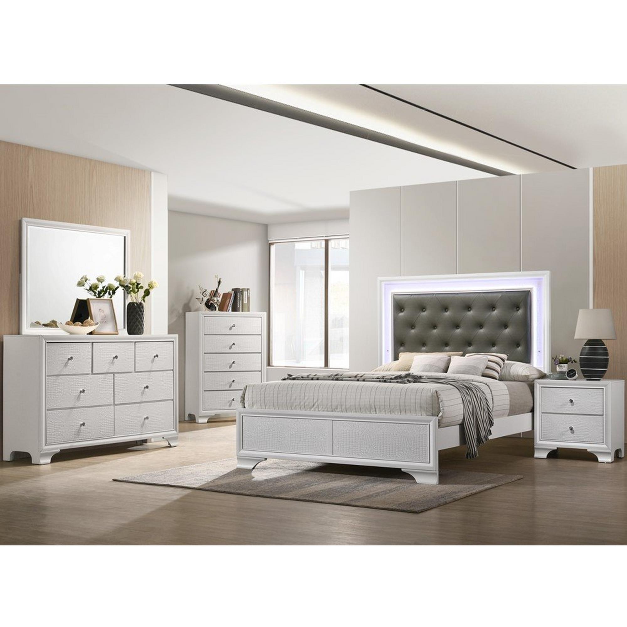 King Lyssa Bed - Frost w/Chest, Dresser, Mirror, Nightstand
