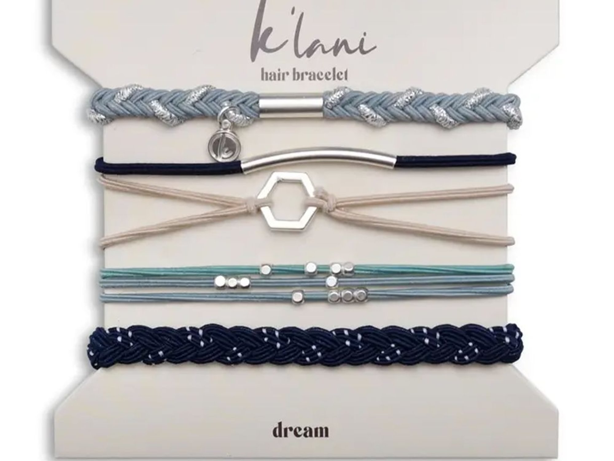 "Dream" Silver Hexagon Charm Blue Hair Tie Bracelets